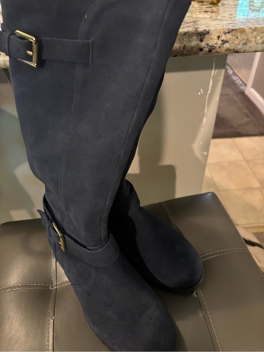 Tall Navy Suede Buckle Boots Hot in HOLLYWOOD brand 6.5 Wide